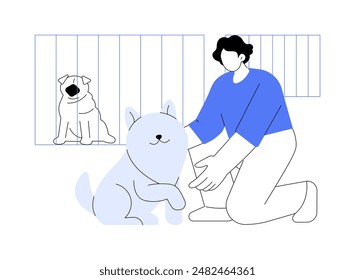 Ayudar en el refugio de animales Ilustraciones vectoriales de dibujos animados aislados. Hombre voluntario en refugio animal, adopción de perro, activismo urbano, ciudadano activo, actitud responsable, caricatura de Vector.