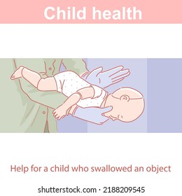 Helping baby who swallowed, inhaled an object. Doctor holds a baby mannequin in his arms. Training on technique of help a choking child. Heimlich maneuver. Color vector illustration.