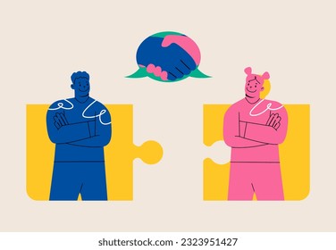 Helping or building relationships leads to success. Man and woman handshake on jigsaw puzzle. Colorful vector illustration
