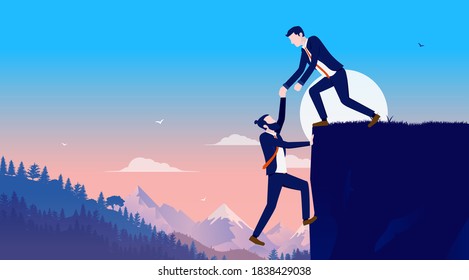 Helping business friend - Businessman supporting fellow employee by pulling him to the top. Helping hand, support and assist concept. Vector illustration.