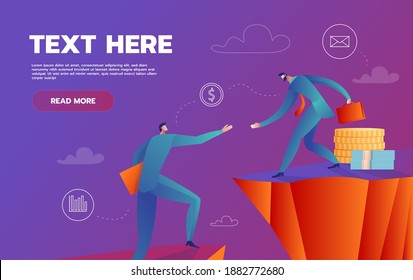 Helping business friend - Businessman supporting fellow employee by pulling him to the top. Helping hand, support and assist concept. Vector illustration