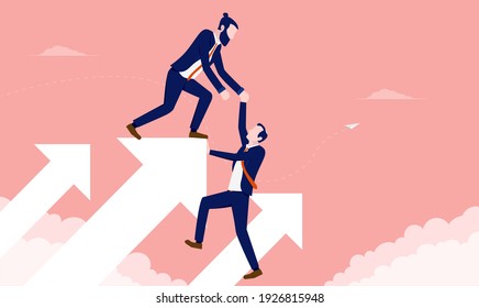 Helping business growth - Businessman giving a helping hand to get on top of rising arrow. Growth and progress concept. Vector illustration. - Shutterstock ID 1926815948