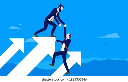 Helping Business Growth - Two Businessmen Making Effort To Help Company Grow. Vector Illustration.