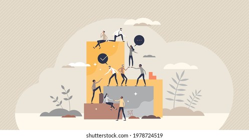 Helping business partners and colleagues for common goal tiny person concept. Partnership, collaboration and support scene with giving hand and motivation from business leaders vector illustration.