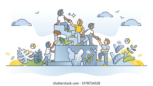 Helping business partners or colleagues to reach company goal outline concept. Partnership, collaboration and support scene with giving hand and motivation from business leaders vector illustration.