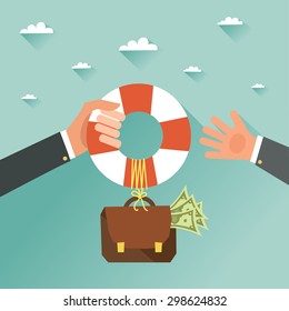 Helping Business to survive. Businessman getting financial aid with lifebuoy. Business help, support, survival, investment concept. Vector colorful illustration in flat style