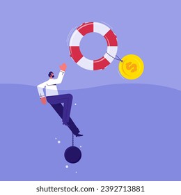 Helping business to survive concept. help and support, survival, investment, obstacle crisis, drowning businessman in sea try to hold life buoy