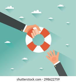 Helping Business to survive. Drowning businessman getting lifebuoy from another businessman. Business help, support, survival, investment concept. Vector colorful illustration in flat style