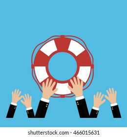 Helping Business to survive. Drowning businessman lifebuoy from another