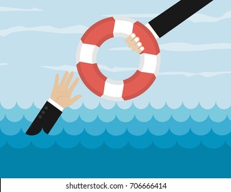 Helping Business to survive. Drowning businessman getting lifebuoy from another businessman. Business help, support, survival, investment concept. Vector colorful illustration in flat style