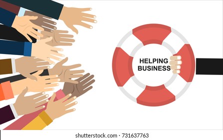 Helping Business To Survive. Drowning Businessmans Getting Lifebuoy . Business Help, Support, Survival, Investment Concept. Illustration In Flat Style