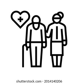 helping and caring for elderly people line icon vector. helping and caring for elderly people sign. isolated contour symbol black illustration