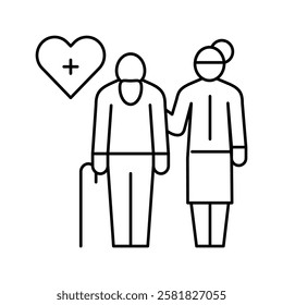 helping and caring for elderly people line icon vector. helping and caring for elderly people sign. isolated contour symbol black illustration