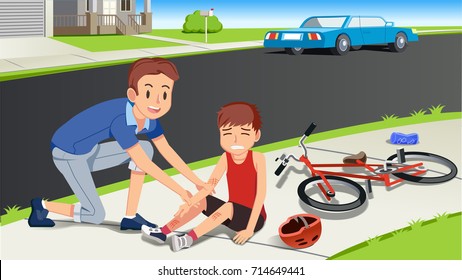Helping children after a bicycle accident. Caring for kids. First aid with family. Paying attention to people around.