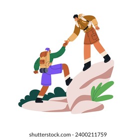 Helping in climbing mountain, cliff. Hiker backpacker on rock. Friend giving hand to climber. Tourists during nature adventure, travel. Flat graphic vector illustration isolated on white background