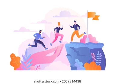 Helping colleagues concept. Teamwork, unity, path to common goal, business. Success, motivation. Boss hand helps employees reach top. Cartoon flat vector illustration isolated on white background