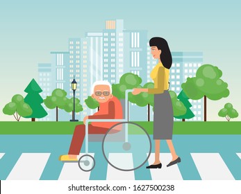 Helping to disabled people on cross road. Assistance to old on wheelchair vector illustration. Woman helps to elderly on wheelchairs to cross road.