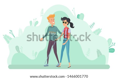 Helping disabled people vector, man with woman holding stick. Blind female character walking with male personage. Nature with greenery and leaves. Flat cartoon