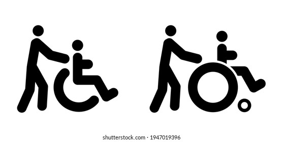 Helping disabled person transportation vector icon. Wheelchair athlete day, line pattern.  Person with a disability, people with disability or physical handicap. Flat vector pictogram or symbol. 