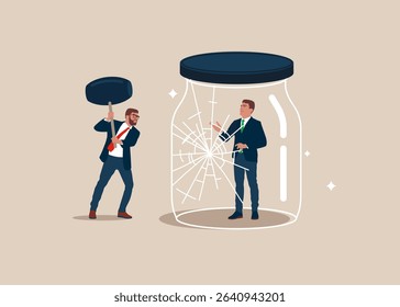 Helping each other recovery depression. Breaks a airtight glass jar with a hammer. Business stagnation with no growth, limitation in career development, punishment with no freedom in business.