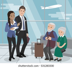 Helping the elderly during the flight. Airport Service. Vector illustration