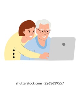 Helping the elderly. Grandpa is at a notebook. The assistant teaches how to work with gadgets.