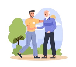 Helping elderly man. Young guy helps grandfather, volunteer. Respect, support and care in advanced society. Park worker keeping order, son and father outdoor. Cartoon flat vector illustration