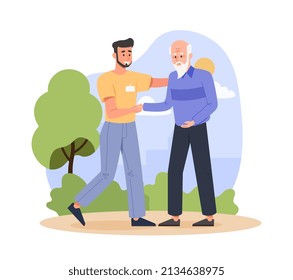 Helping Elderly Man. Young Guy Helps Grandfather, Volunteer. Respect, Support And Care In Advanced Society. Park Worker Keeping Order, Son And Father Outdoor. Cartoon Flat Vector Illustration