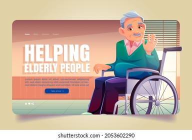 Helping elderly people banner. Concept of help old persons, aid and care for senior people. Vector landing page with cartoon illustration of retired man sitting in wheelchair