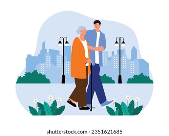 Helping elderly to walk, care and respect with elders, social activity vector illustration.