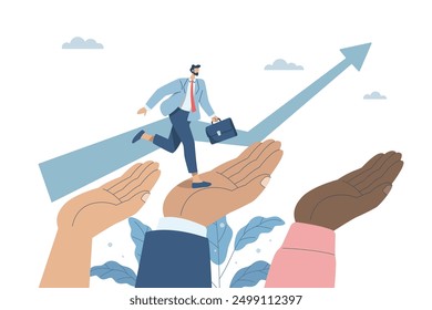 Helping or encouraging teammates to achieve their goals, Providing advice or guidance to employees, Business support encouraging the team, Big hands helping business people grow and progress.