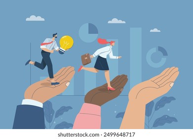 Helping or encouraging teammates to achieve their goals, Providing advice or guidance to employees, Business support encouraging the team, Big hands helping business people grow and progress.