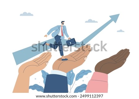 Helping or encouraging teammates to achieve their goals, Providing advice or guidance to employees, Business support encouraging the team, Big hands helping business people grow and progress.