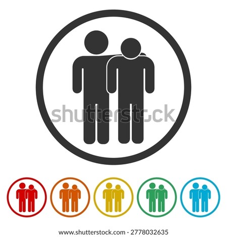 Helping friend icon. Set icons in color circle buttons