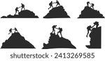 Helping friend reach the mountain top silhouette, Silhouette team helping, Teamwork, together, success, victory, goal, achievement, Helping friend silhouette.
