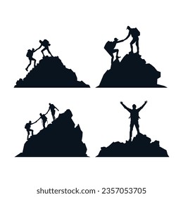 Helping friend reach the mountain top silhouette. Teamwork, together, success, victory, goal, achievement. Vector illustration concept