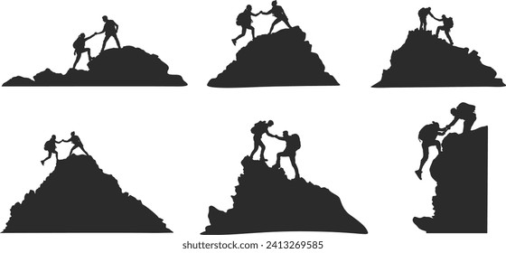 Helping friend reach the mountain top silhouette, Silhouette team helping, Teamwork, together, success, victory, goal, achievement, Helping friend silhouette.
