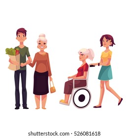 Helping grandmother with shopping and strolling her in wheelchair, cartoon vector illustration isolated on white background. Grandchildren carrying shopping bags ands strolling wheelchair for grandma