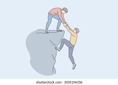 Helping hand and assistance concept. Young man standing on peak of rock giving hand to help his friend to climb up assisting working as team vector illustration 