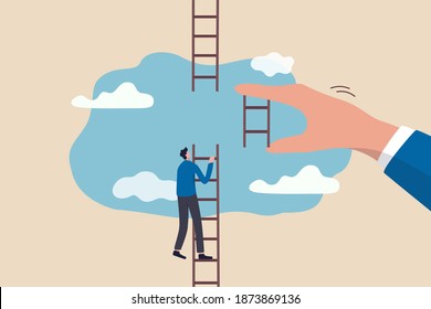 Helping Hand, Business Support To Reach Career Target Or Help To Climb Up Ladder Of Success Concept, Businessman Climbing Up To Top Of Broken Ladder With Huge Helping Hand To Connect To Reach Higher.