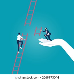 Helping hand, business support to reach career target or success, businessman climbing up to top of broken ladder with partner to connect to reach higher
