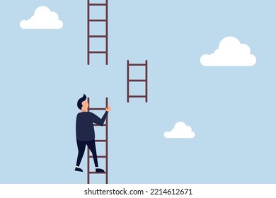 Helping hand, business support to reach career target or help to climb up ladder of success concept, businessman climbing up to top of broken ladder