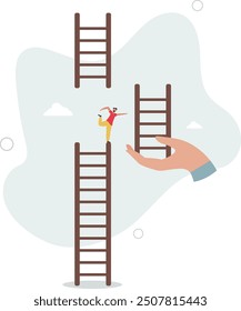 Helping hand, business support to reach career target or help to climb up ladder of success concept.flat design with people.