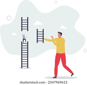 Ajudando a mão, apoio empresarial para alcançar o objetivo da carreira ou ajudar a subir a escada de personagens de conceito.flat de sucesso.