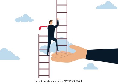 Helping hand, businessman climbing up to top of broken ladder with huge helping hand to connect to reach higher.