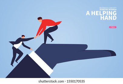 Helping hand, businessman helps companion climb to the giant hand
