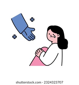  A helping hand came to the crying woman. outline simple vector illustration.