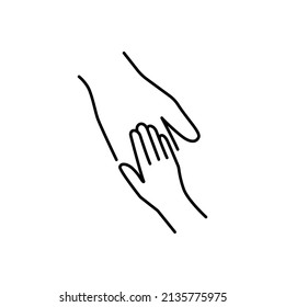 Helping hand, charity, solidarity linear icon. Symbol of interaction, helping children, volunteer. Design element for logo. Black vector outline icon.