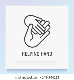 Helping hand: child hand in adult. Thin line icon. Modern vector illustration of adoption, charity or support.