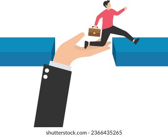 Helping hand, coaching or mentor support employee to achieve business target, inspiration or advantage to reach goal, Stand on giant helping hand, Reach mountain peak target flag

